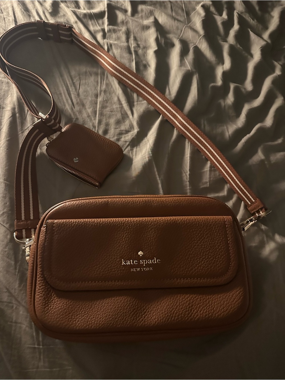 kate spade Brown Pebbled Leather Crossbody with Striped Strap and Pouch camera